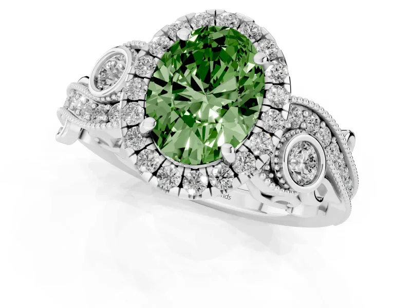 Oval Vintage Halo Engagement Ring Setting for a Fancy Green Lab-Grown Diamond | Bezel Shoulder Accents | Platinum