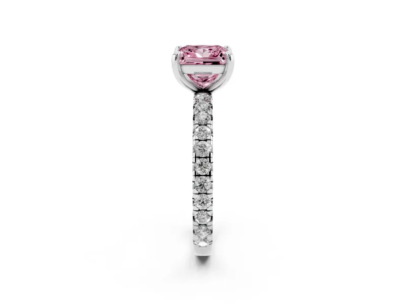 Fancy Pink Princess Cut Diamond Pavé Solitaire Ring Set in White gold with Round Band and Prong Setting