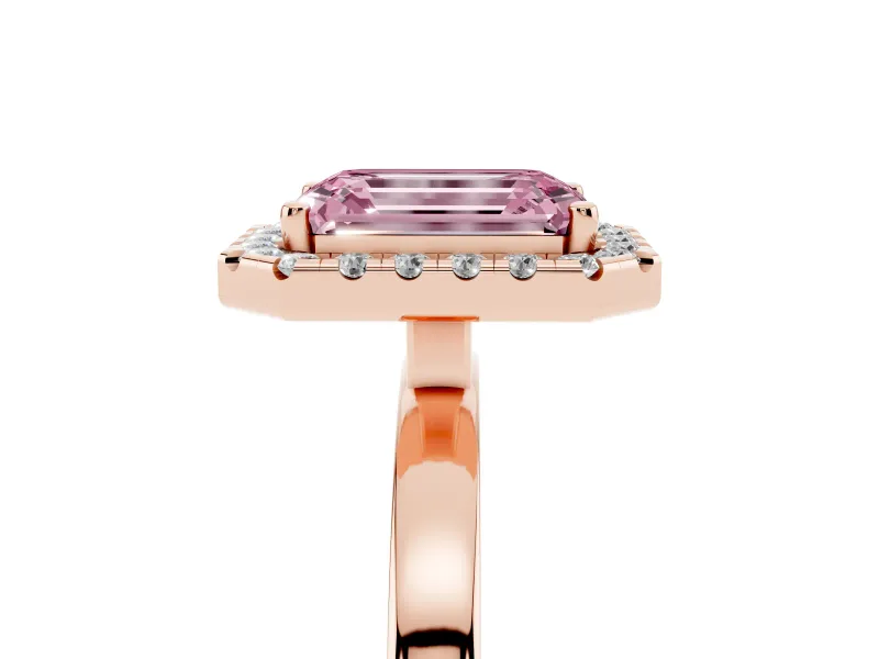 Fancy Pink Emerald Cut Diamond Halo Solitaire Ring Set in Rose gold with Pavé Band and Prong Setting