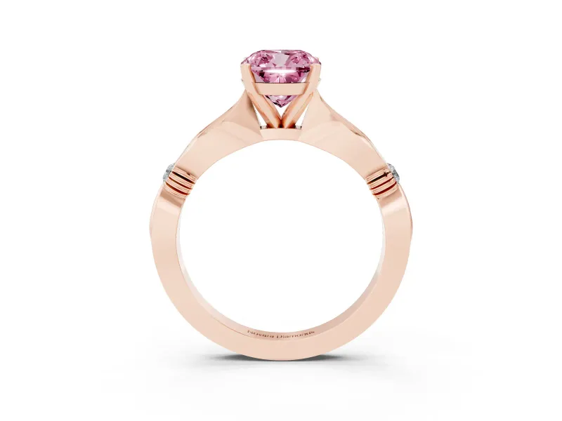 Fancy Pink Cushion Cut Diamond Solitaire Twisted Band Ring Set in Rose gold with Accent Stones and Prong Setting