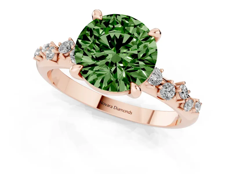 Fancy Green Round Cut Diamond Solitaire Vine Band Ring Set in Rose gold with Round Accents and Prong Setting