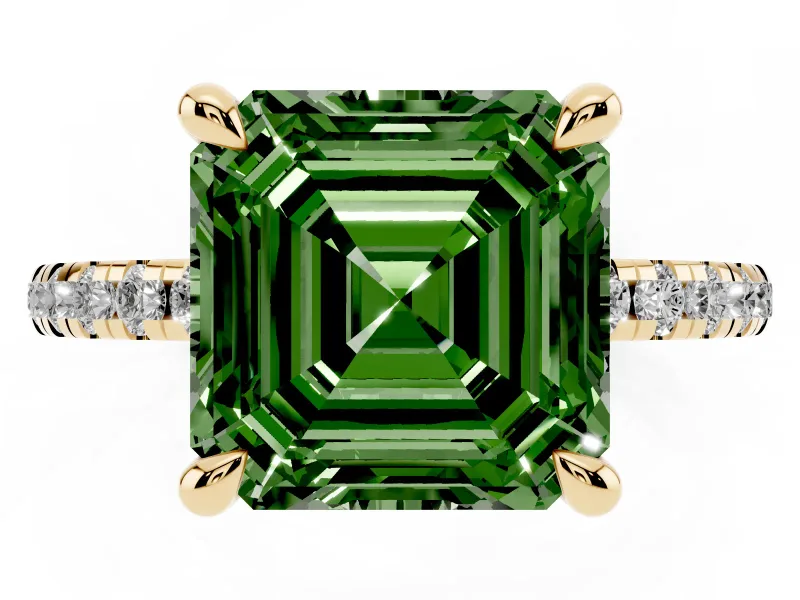 Fancy Green Asscher Cut Diamond Brilliant Solitaire Ring Set in Yellow gold with Pavé Band and Prong Setting