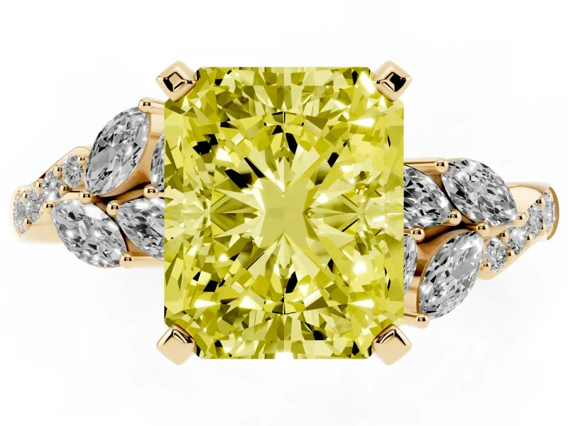 Fancy Yellow Radiant Cut Diamond Solitaire Ring Set in Yellow gold with Marquise Twist Band and Prong Setting