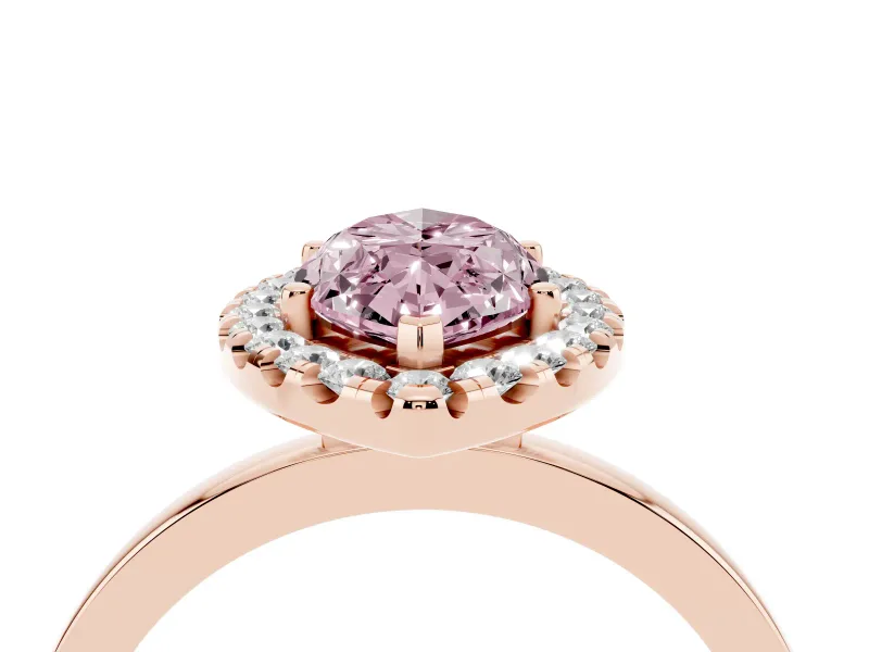Fancy Pink Marquise Cut Diamond Halo Solitaire Ring Set in Rose gold with Pavé Band and Prong Setting
