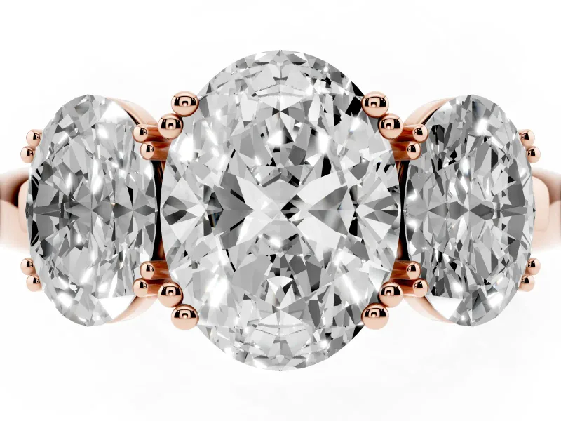Oval Cut Diamond Three-Stone Ring Set in Rose gold with Polished Band and Prong Setting