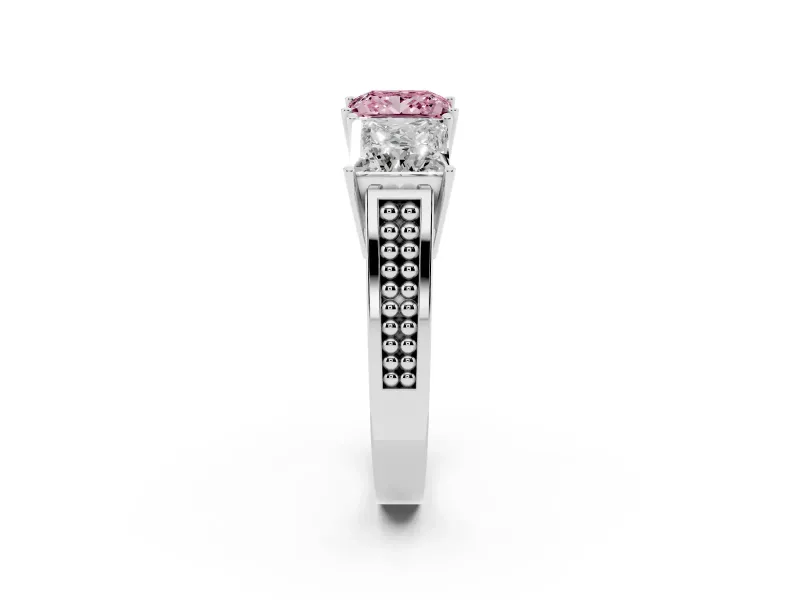 Princess Cut Three Stone Engagement Ring Setting for a Fancy Pink Lab-Grown Diamond | Beaded Shoulders | Platinum