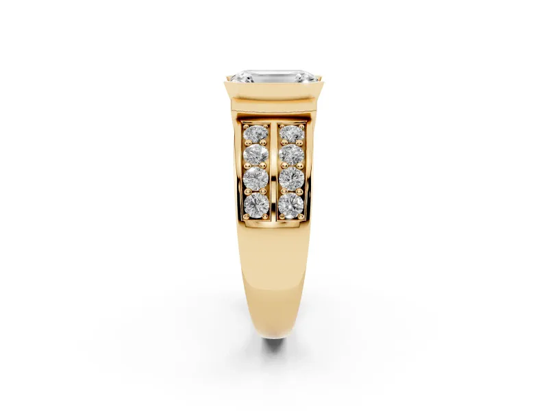 Emerald Cut Half Bezel Engagement Ring Setting | Double Row Channel Band | Yellow Gold