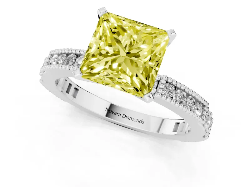 Fancy Yellow Princess Cut Diamond Solitaire Ring Set in Silver with Slim Pavé Band and Prong Setting
