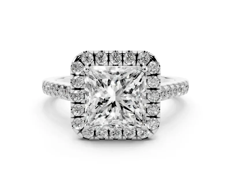 Princess Cut Diamond Halo Pavé Engagement Ring Set in White gold with Prong Setting