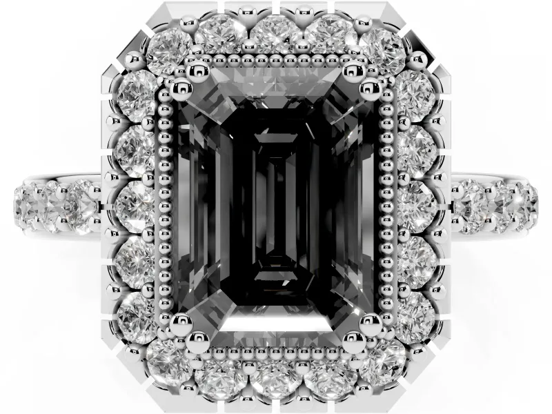 Emerald Cut Milgrain Halo Engagement Ring Setting for a Black Center | Pavé Shoulders | Platinum