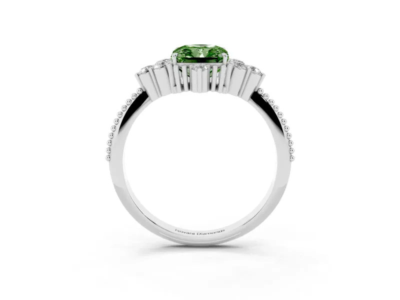 Fancy Green Radiant Cut Diamond Cluster Ring Set in White gold with Beaded Band