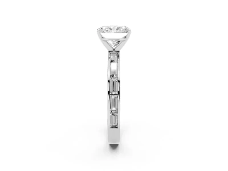 Radiant Cut Diamond Solitaire Ring Set in Platinum with Channel-Set Baguette Band and Prong Setting