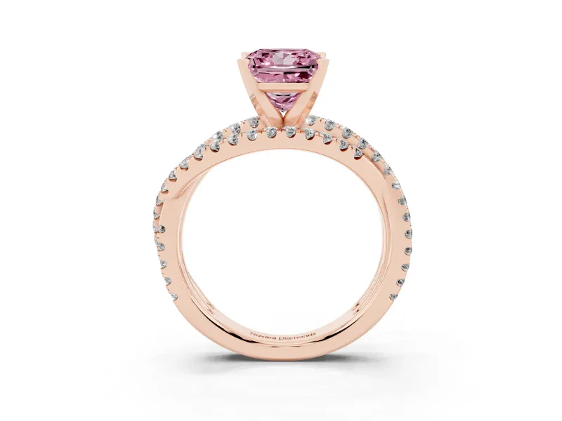 Fancy Pink Princess Cut Diamond Solitaire Twist Band Ring Set in Rose gold with Pavé Setting and Prong Head