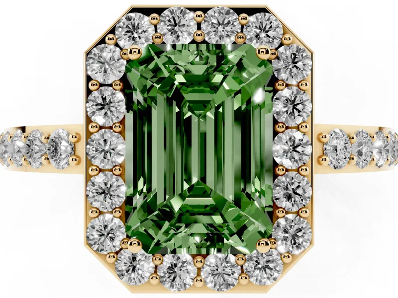 Fancy Green Emerald Cut Diamond Halo Ring Set in Yellow gold with Pavé-Setting Band and Open Prong Center