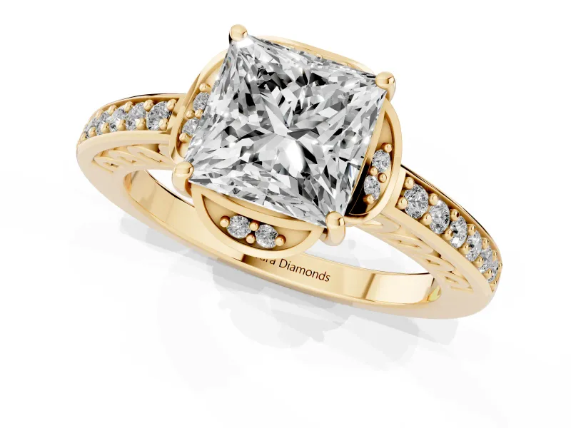 Princess Cut Floral Pavé Engagement Ring Setting | Petal Accents | Yellow Gold
