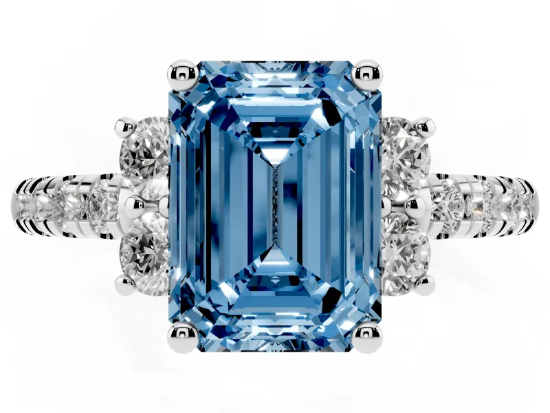 Emerald Cut Side Stone Pave Engagement Ring Setting for a Fancy Blue Lab-Grown Diamond | Paired Round Accents | Platinum