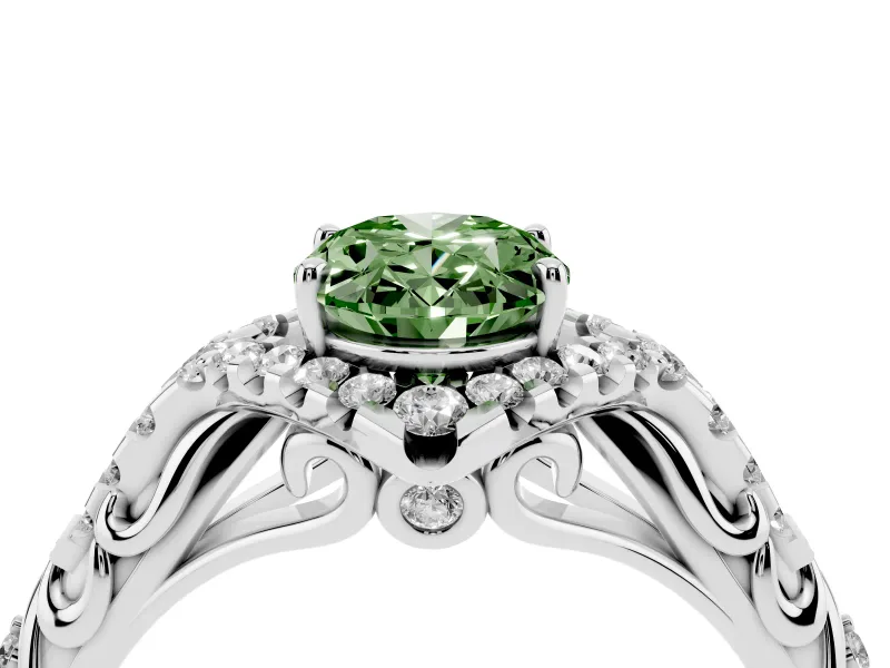 Oval Hidden Halo Filigree Engagement Ring Setting for a Fancy Green Lab-Grown Diamond | White Gold