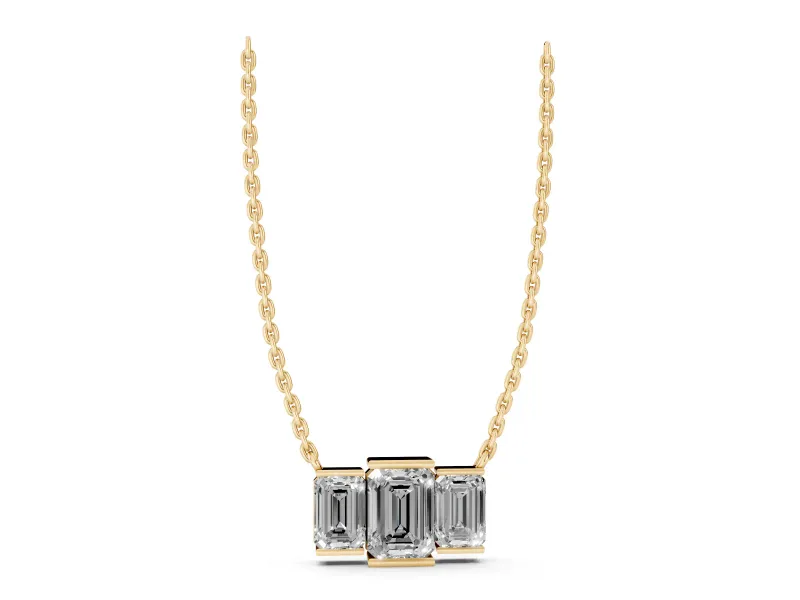 Emerald Cut Lab-Grown Diamond Three-Stone Bar Pendant Necklace | Bar Prong Ends | Yellow Gold