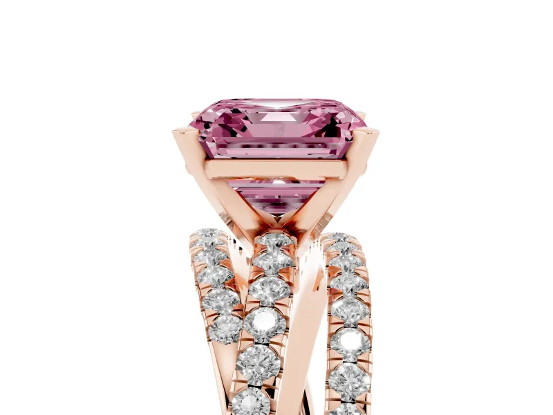 Fancy Pink Asscher Cut Diamond Solitaire Twist Band Ring Set in Rose gold with Pavé Setting and Prong Head