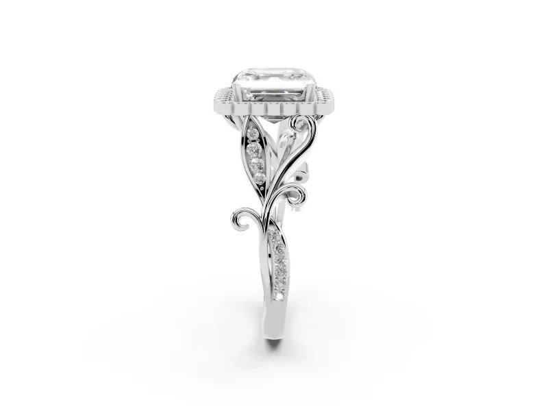 Asscher Cut Vintage Leaf Halo Engagement Ring Setting | Graduated Vine Shank | White Gold