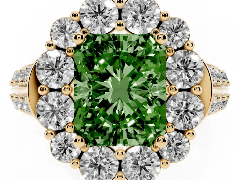 Radiant Cut Large Accent Halo Engagement Ring Setting for a Fancy Green Lab-Grown Diamond | Graduated Pavé | Yellow Gold