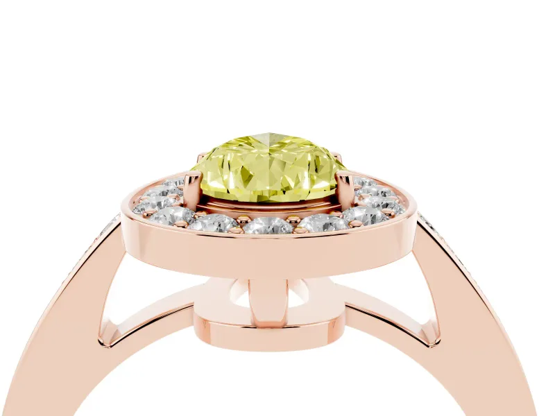 Fancy Yellow Pear Cut Diamond Halo Pavé Engagement Ring Set in Rose gold with Bezel Setting
