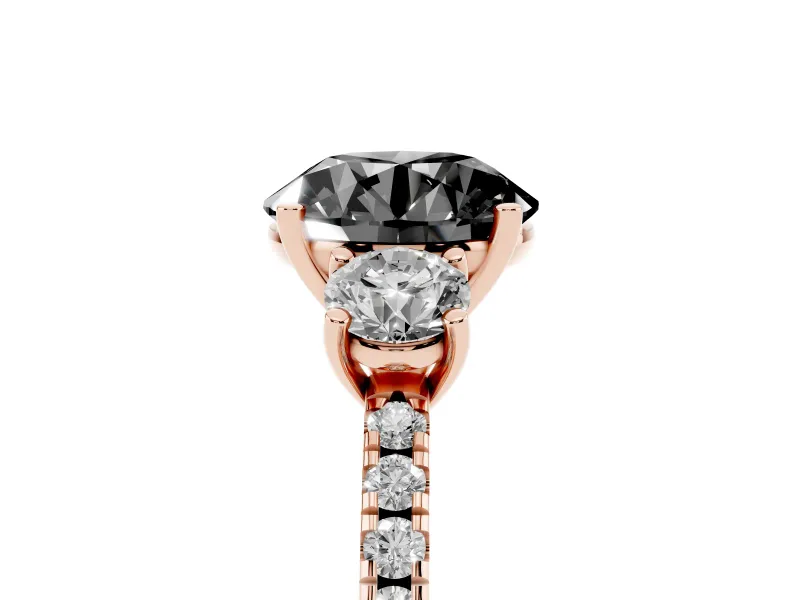 Fancy Black Round Cut Diamond Three-Stone Ring Set in Rose gold with Pavé Band and Graduated Sides