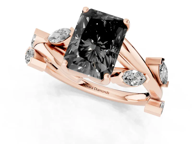 Radiant Cut Twisted Vine Engagement Ring Setting for a Black Center | Marquise Leaves | Rose Gold