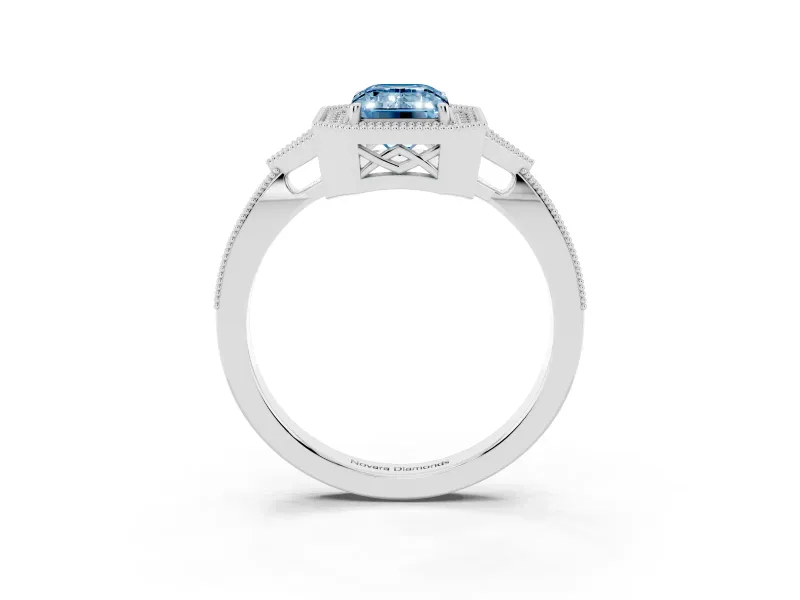 Fancy Blue Emerald Cut Diamond Halo Engagement Ring Set in Silver with Milgrain Pavé Band