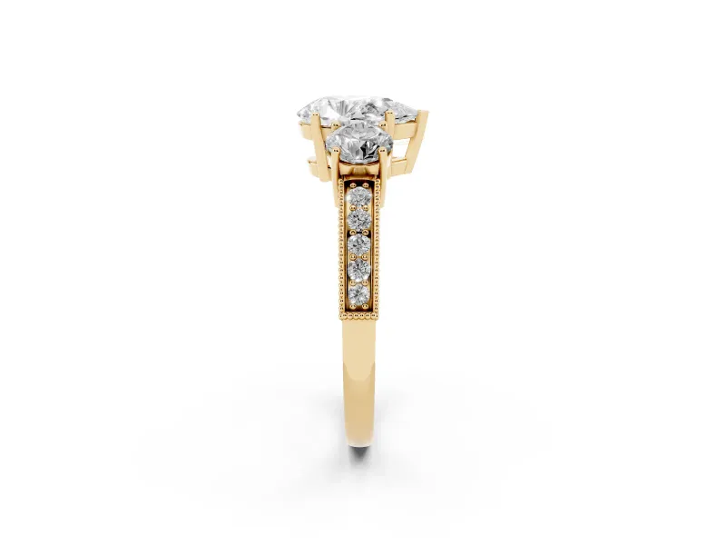 Pear-Shaped Vintage Three Stone Engagement Ring Setting | Graduated Milgrain Pave | Yellow Gold