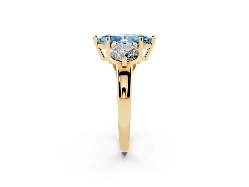 Fancy Blue Marquise Cut Diamond Three-Stone Ring Set in Yellow gold with Prong Setting and Classic Band