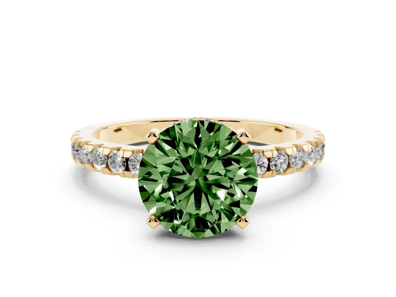 Fancy Green Round Cut Diamond Pavé Solitaire Ring Set in Yellow gold with Round Band Accents and Prong Setting