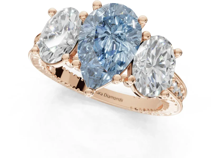 Pear-Shaped Vintage Three Stone Engagement Ring Setting for a Fancy Blue Lab-Grown Diamond | Graduated Pavé | Rose Gold
