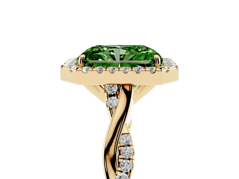 Radiant Cut Twist Halo Engagement Ring Setting for a Fancy Green Lab-Grown Diamond | Yellow Gold