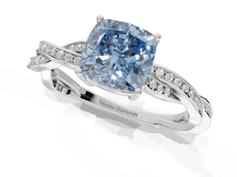 Cushion Cut Twisted Pavé Solitaire Engagement Ring Setting for a Fancy Blue Lab-Grown Diamond | Sterling Silver
