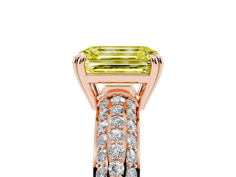 Emerald Cut Three Row Pave Engagement Ring Setting for a Fancy Yellow Lab-Grown Diamond | Rose Gold