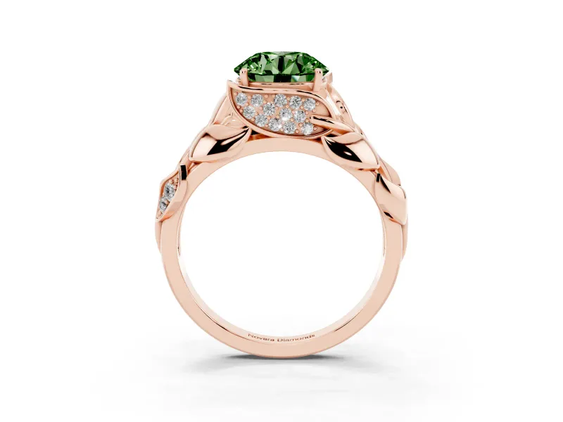 Fancy Green Round Cut Diamond Leaf-Inspired Engagement Ring Set in Rose gold with Round Accents