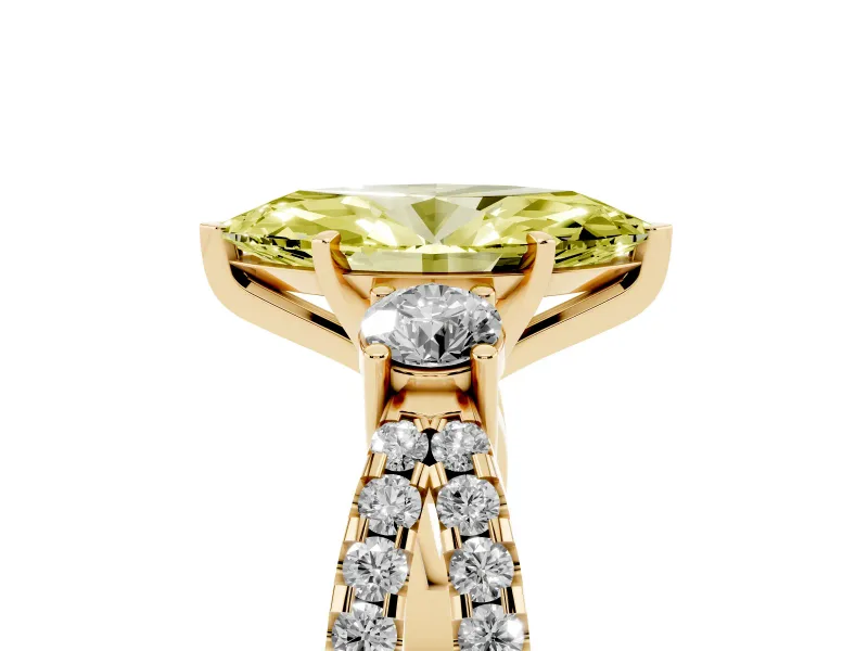 Fancy Yellow Marquise Cut Diamond Three-Stone Ring Set in Yellow gold with Pavé Split Shank and Prong Setting