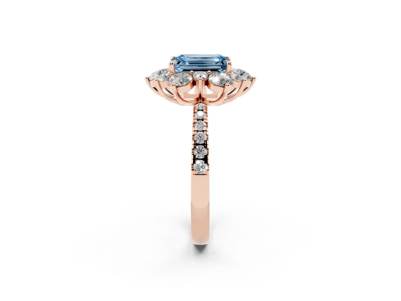 Emerald Cut Star Floral Halo Engagement Ring Setting for a Fancy Blue Lab-Grown Diamond | Rose Gold