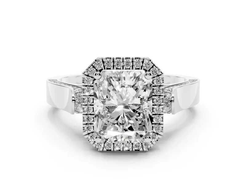 Radiant Cut Diamond Halo Ring Set in White gold with Pavé-Lined Split Shank Band