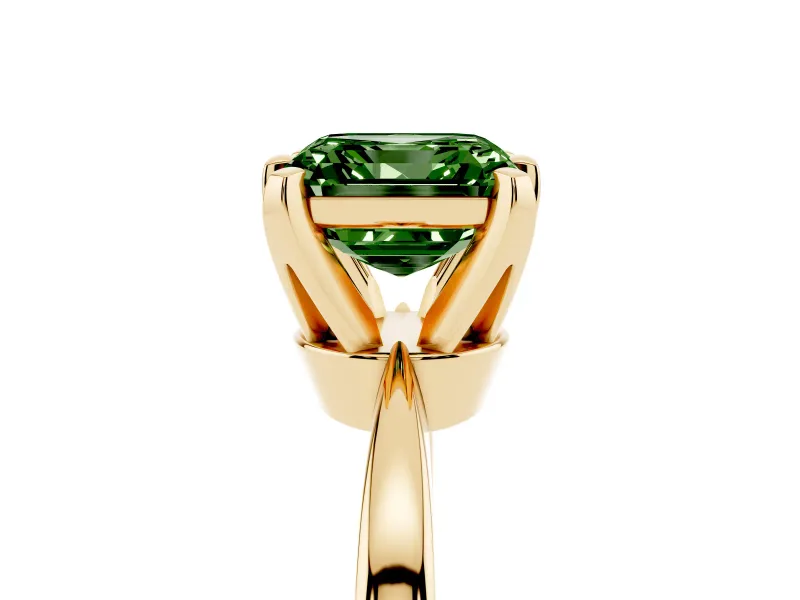 Fancy Green Asscher Cut Diamond Solitaire Engagement Ring Set in Yellow gold with Slim Tapered Solitaire Band