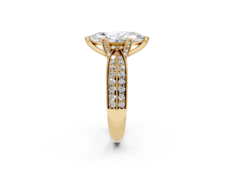Marquise Cut Diamond Solitaire Ring Set in Yellow gold with Milgrain Double Row Round Pavé Band