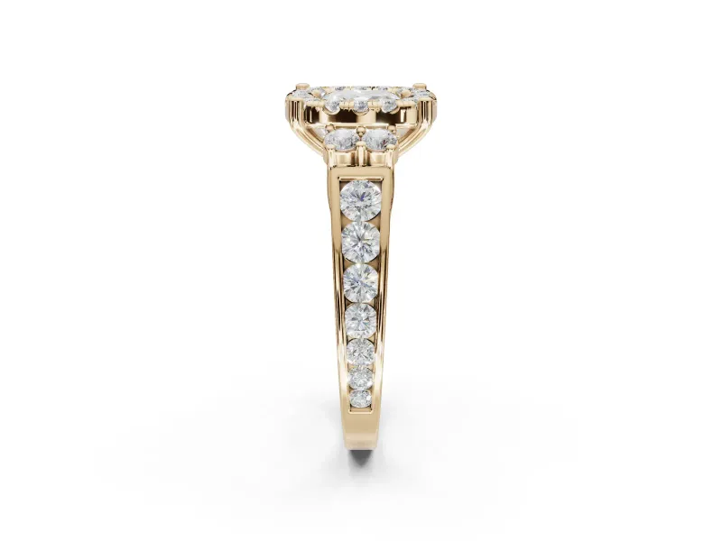 Cushion Cut Halo Side Cluster Engagement Ring Setting | Graduated Channel Band | Yellow Gold