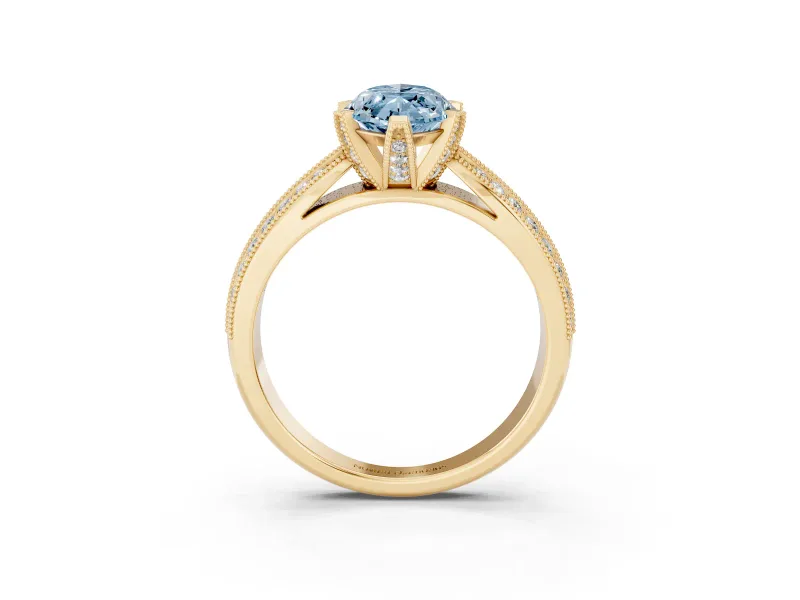 Fancy Blue Marquise Cut Diamond Solitaire Ring Set in Yellow gold with Milgrain Double Row Round Pavé Band
