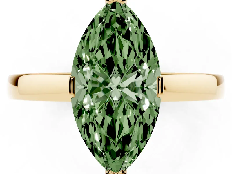 Fancy Green Marquise Cut Diamond Solitaire Ring Set in Yellow gold with Prong Head and Smooth Polished Band
