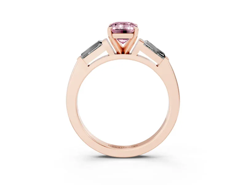 Fancy Pink Emerald Cut Diamond Solitaire Ring Set in Rose gold with Tapered Baguette Side Stones and Prong Setting