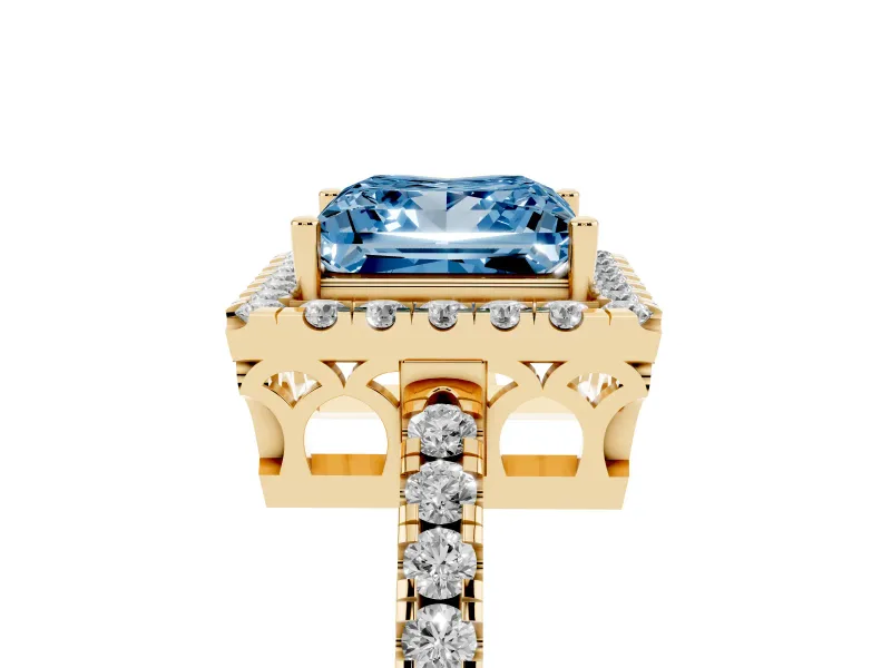 Princess Cut Halo Engagement Ring Setting for a Fancy Blue Lab-Grown Diamond | Shared Prong Pavé Band | Yellow Gold