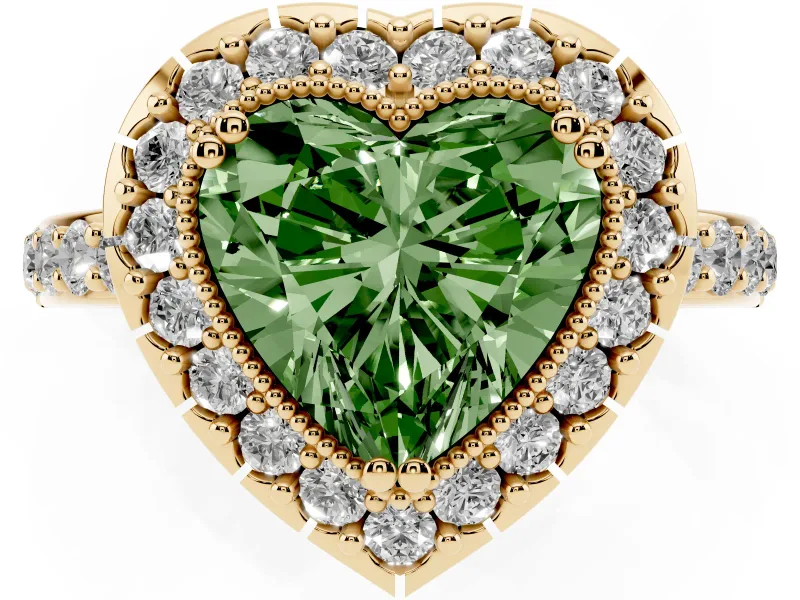 Heart-Shaped Milgrain Halo Engagement Ring Setting for a Fancy Green Lab-Grown Diamond | Pavé Shoulders | Yellow Gold
