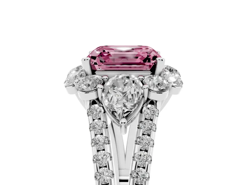 Fancy Pink Asscher Cut Diamond Halo Split Shank Engagement Ring Set in Silver with Prong-Held Center Stone