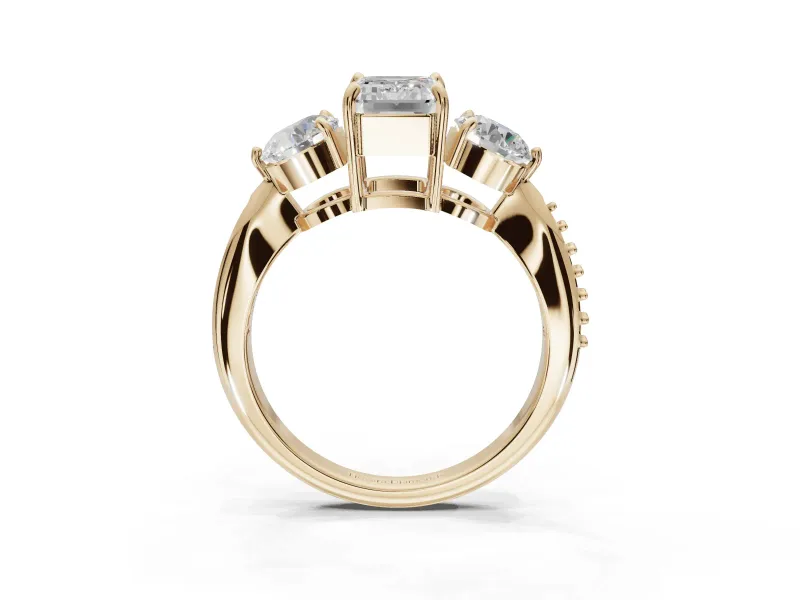 Emerald Cut Three Stone Engagement Ring Setting | Tapered Pave Band | Yellow Gold